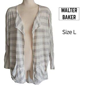 W118 by WALTER BAKER Longline Grey & White Striped Waterfall Open Cardigan L